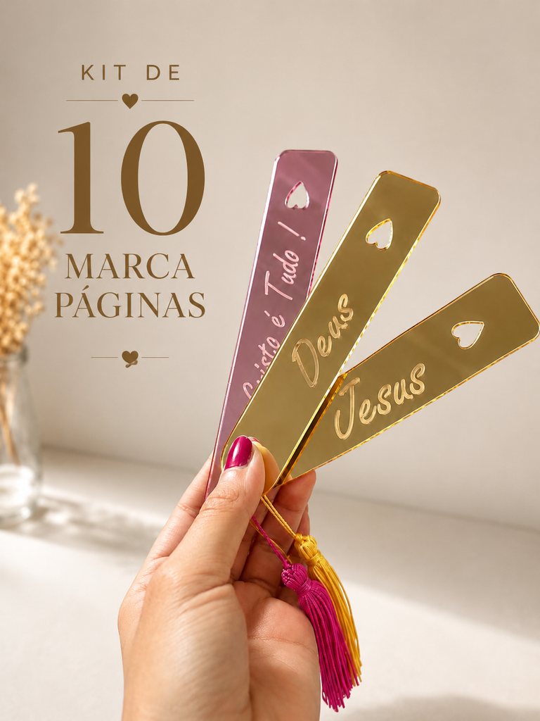 Kit 10 Marca Páginas Variados - Marcador de Página Jesus, Cristo e Deus Acrílico Espelhado Luxo Para Bíblia e Livros