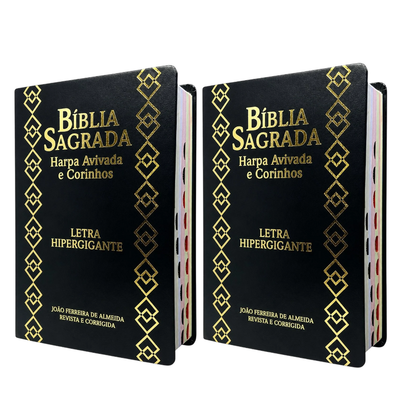 Kit 2 Bíblias Sagradas Preta Letra Hipergigante Capa Semi Flexível Com Harpa e Índice King Cross Arc
