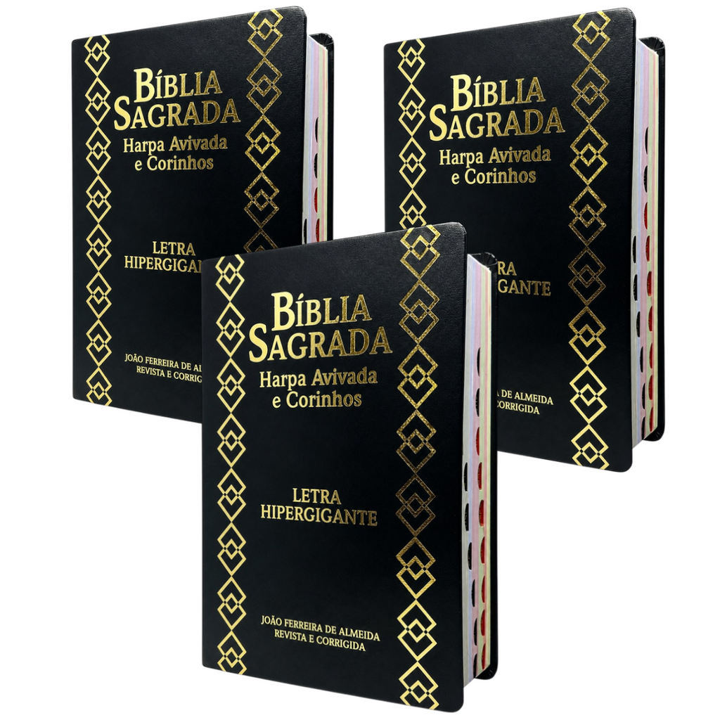 Kit 3 Bíblias Sagradas Preta Letra Hipergigante Capa Semi Flexível Com Harpa e Índice King Cross Arc