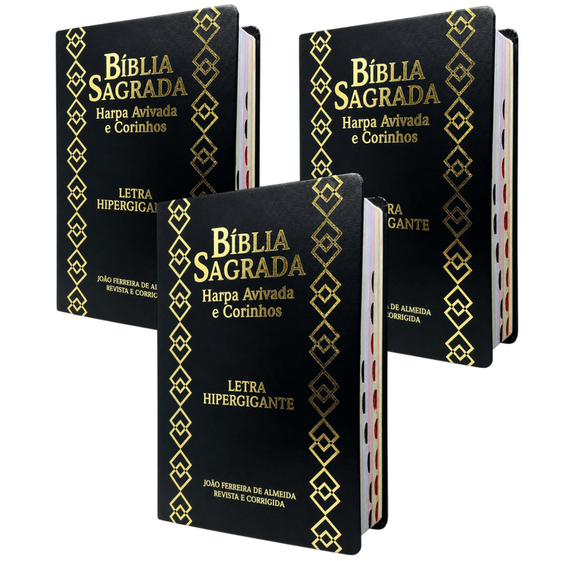 Kit 3 Bíblias Sagradas Preta Letra Hipergigante Capa Semi Flexível Com Harpa e Índice King Cross Arc