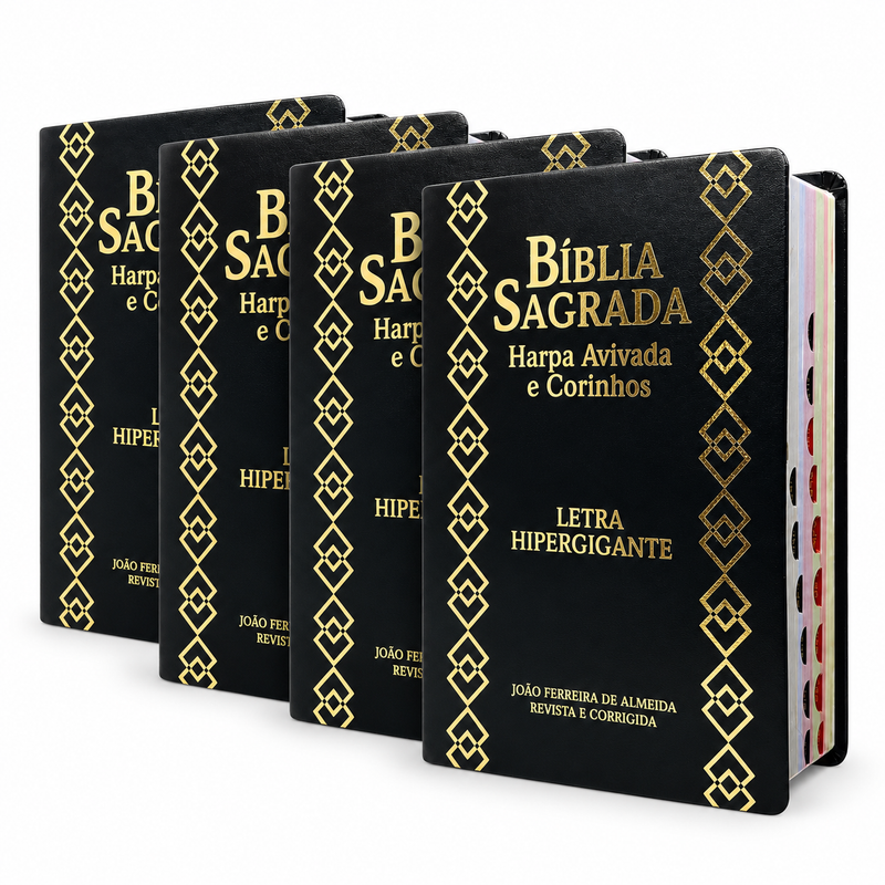 Kit 4 Bíblias Sagradas Preta Letra Hipergigante Capa Semi Flexível Com Harpa e Índice King Cross Arc