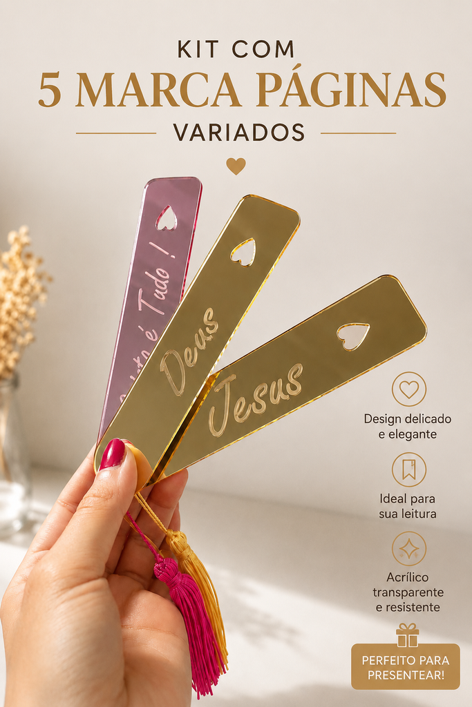 Kit 05 Marca Páginas Variados - Marcador de Página Jesus, Cristo e Deus Acrílico Espelhado Luxo Para Bíblia e Livros