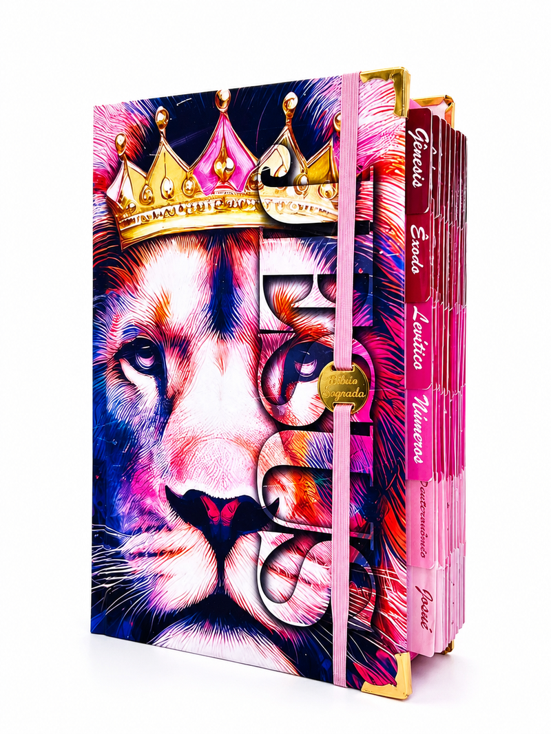 Bíblia Capa Dura com Elástico Rosa Medalhão e Abas Femininas Letra Gigante - Leão Coroa