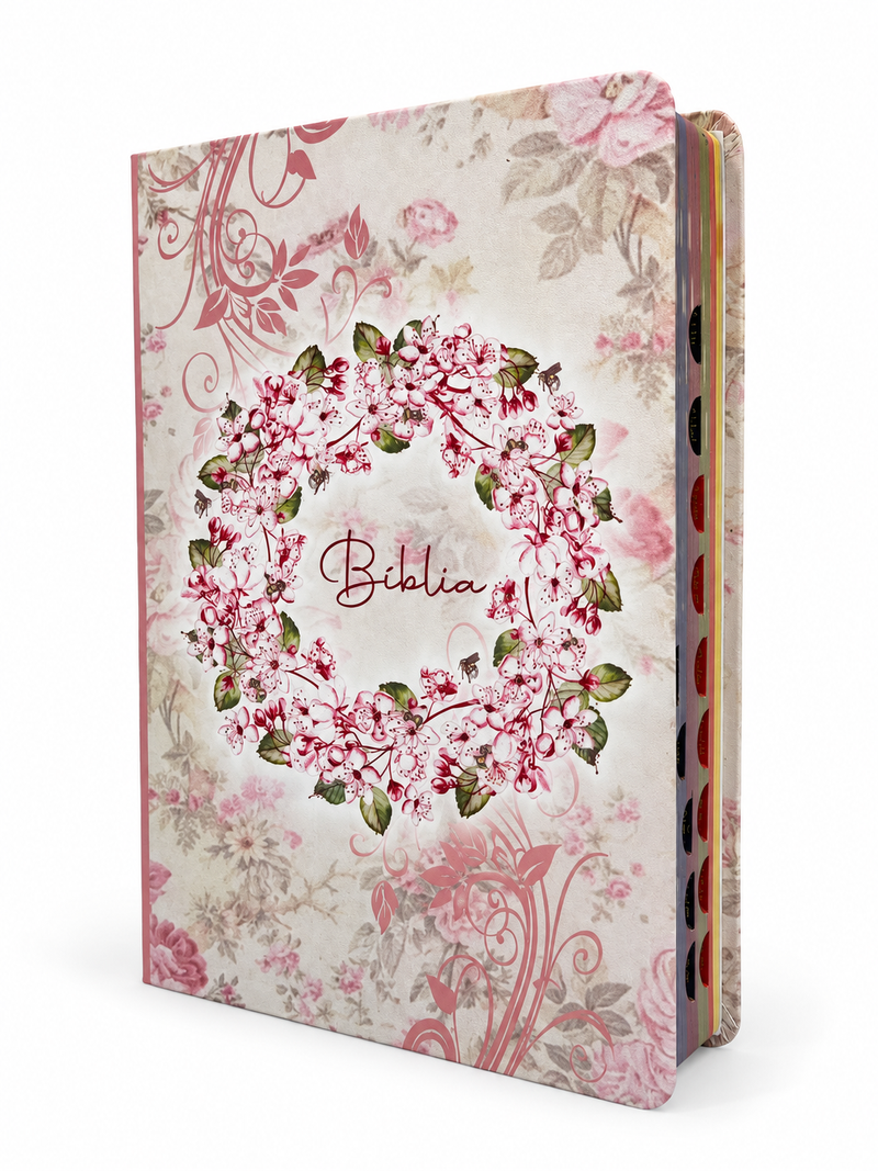 Bíblia Circulo Floral Rosa Letra Gigante Com Índice Capa Flexível Com Harpa Feminina Arc