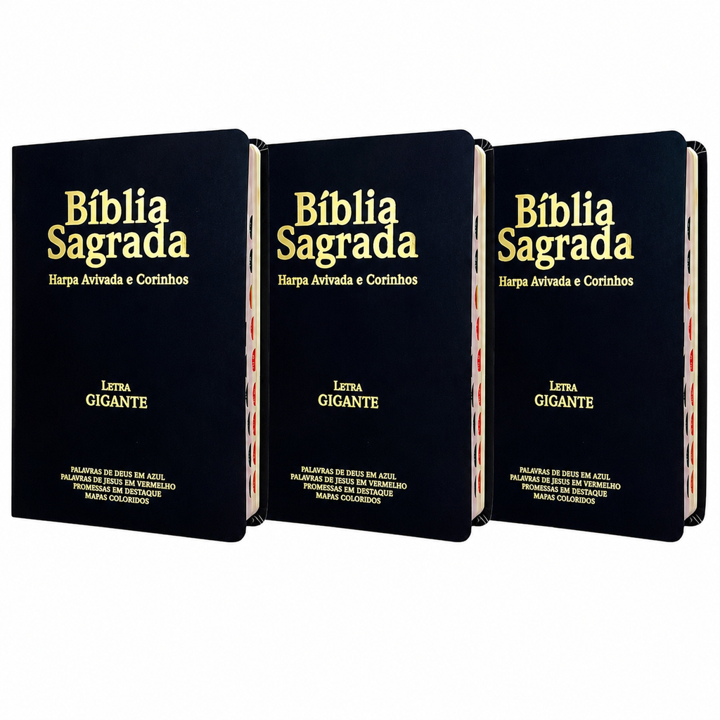 Kit 3 Bíblias Masculinas PPM Preta Sagrada Letra Gigante Semi Flexível  Harpa ARC