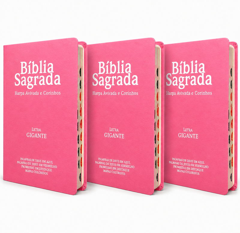 Kit 3 Bíblias Feminina Sagrada Letra Gigante Semi Flexível PPM Rosa Harpa com Índice ARC