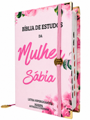 Bíblia Sagrada Mulher Sábia Estudo Capa Luxo Flexível Rosa Arc Letra Hipergigante Com Elástico Lateral e Índice