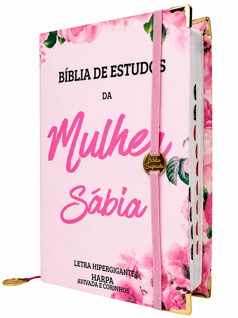 Bíblia Sagrada Mulher Sábia Estudo Capa Luxo Flexível Rosa Arc Letra Hipergigante Com Elástico Lateral e Índice