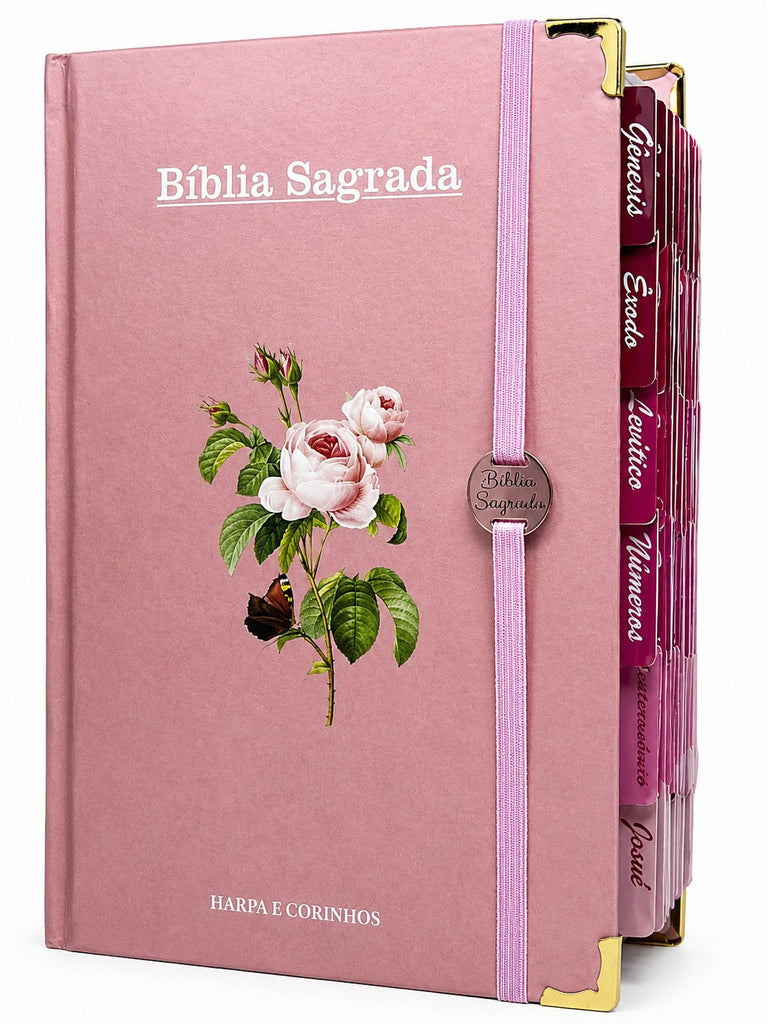 Bíblia Sagrada Letra Hipergigante PPM Capa Dura Flor Rosa Feminina Com Harpa e Abas Adesivas ARC