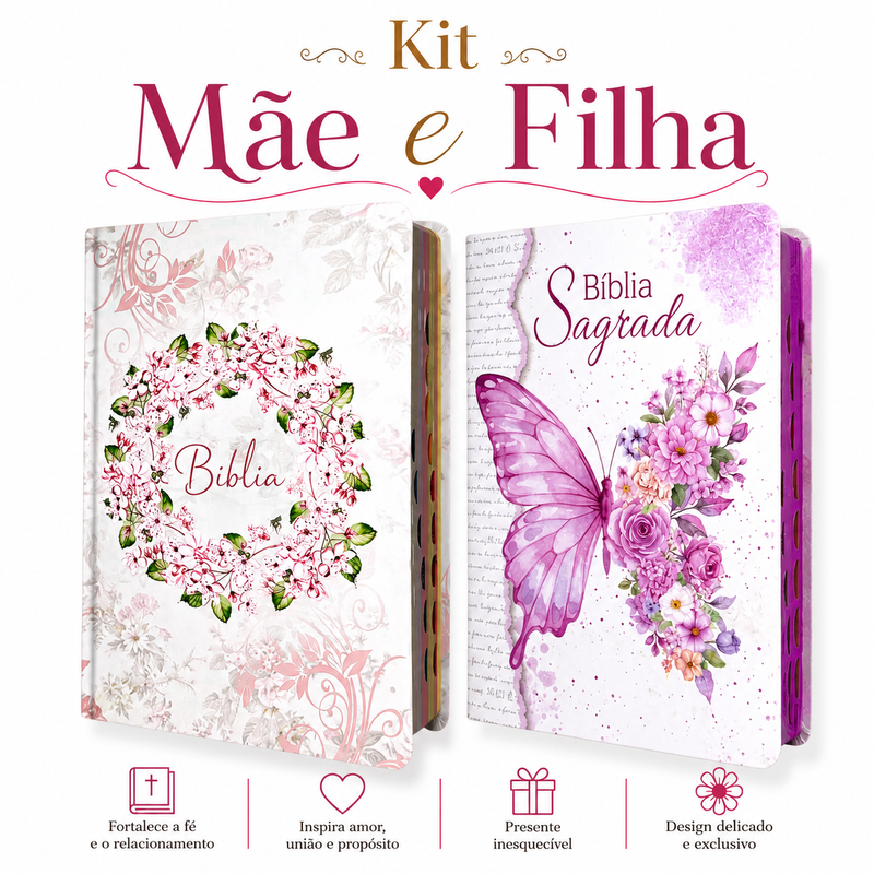 Kit 2 Bíblias Feminina Sagrada Letra Gigante Semi Flexível e Hipergigante Capa Dura Harpa ARC Circulo Floral e Borboleta