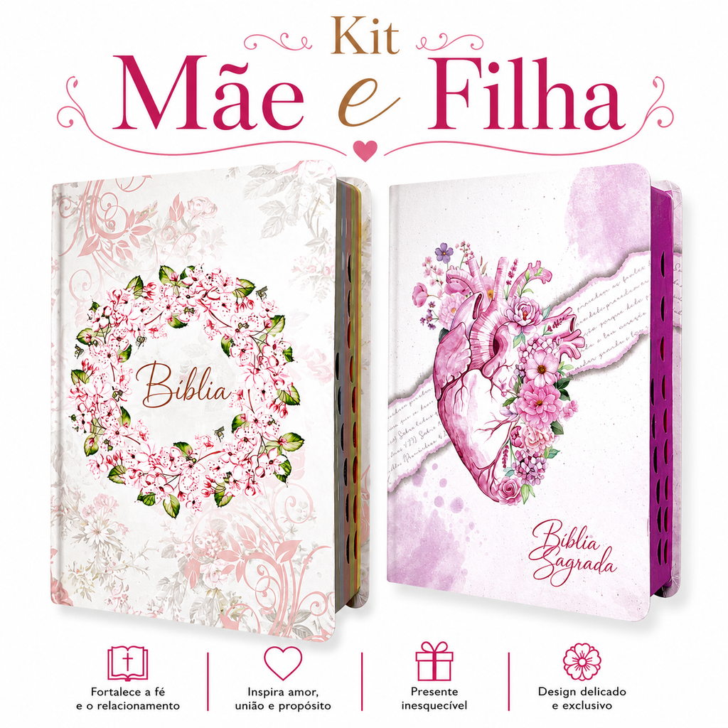 Kit 2 Bíblias Feminina Sagrada Letra Gigante Semi Flexível e Hipergigante Capa Dura Harpa ARC Circulo Floral e Coração