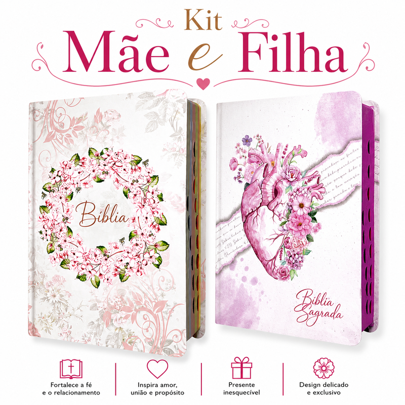 Kit 2 Bíblias Feminina Sagrada Letra Gigante Semi Flexível e Hipergigante Capa Dura Harpa ARC Circulo Floral e Coração