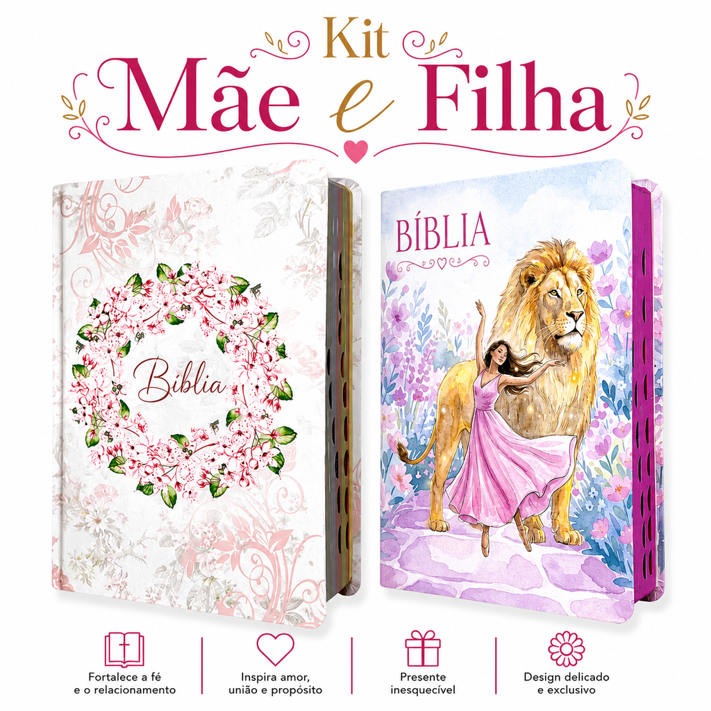 Kit 2 Bíblias Feminina Sagrada Letra Gigante Semi Flexível e Hipergigante Capa Dura Harpa ARC Circulo Floral e Lion Dance Pink