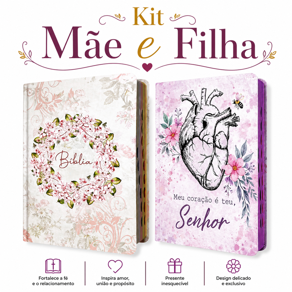 Kit 2 Bíblias Feminina Sagrada Letra Gigante Semi Flexível e Hipergigante Capa Dura Harpa ARC Circulo Floral e João 1.4