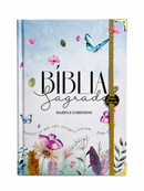 Bíblia Feminina Evangélica C/ Elástico Divisória e Harpa ARC Jardim Secreto Azul Capa Dura Letra Hipergigante