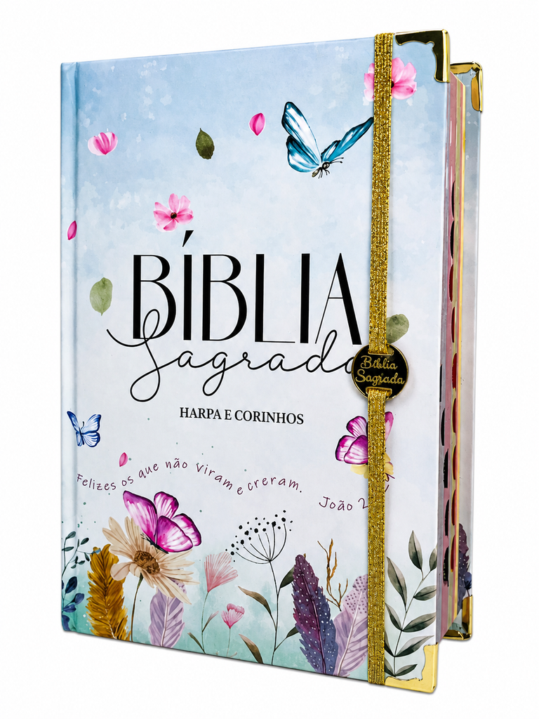 Bíblia Feminina Evangélica C/ Elástico Divisória e Harpa ARC Jardim Secreto Azul Capa Dura Letra Hipergigante