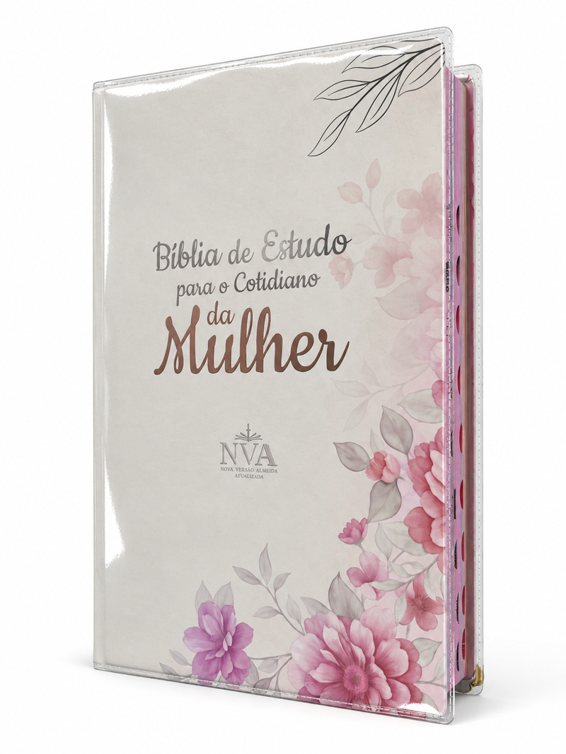 Bíblia de Estudo para o Cotidiano da Mulher Capa Dura Full Color Cerejeira Rosa NVA Gigante Feminina com Capa Protetora e Índice