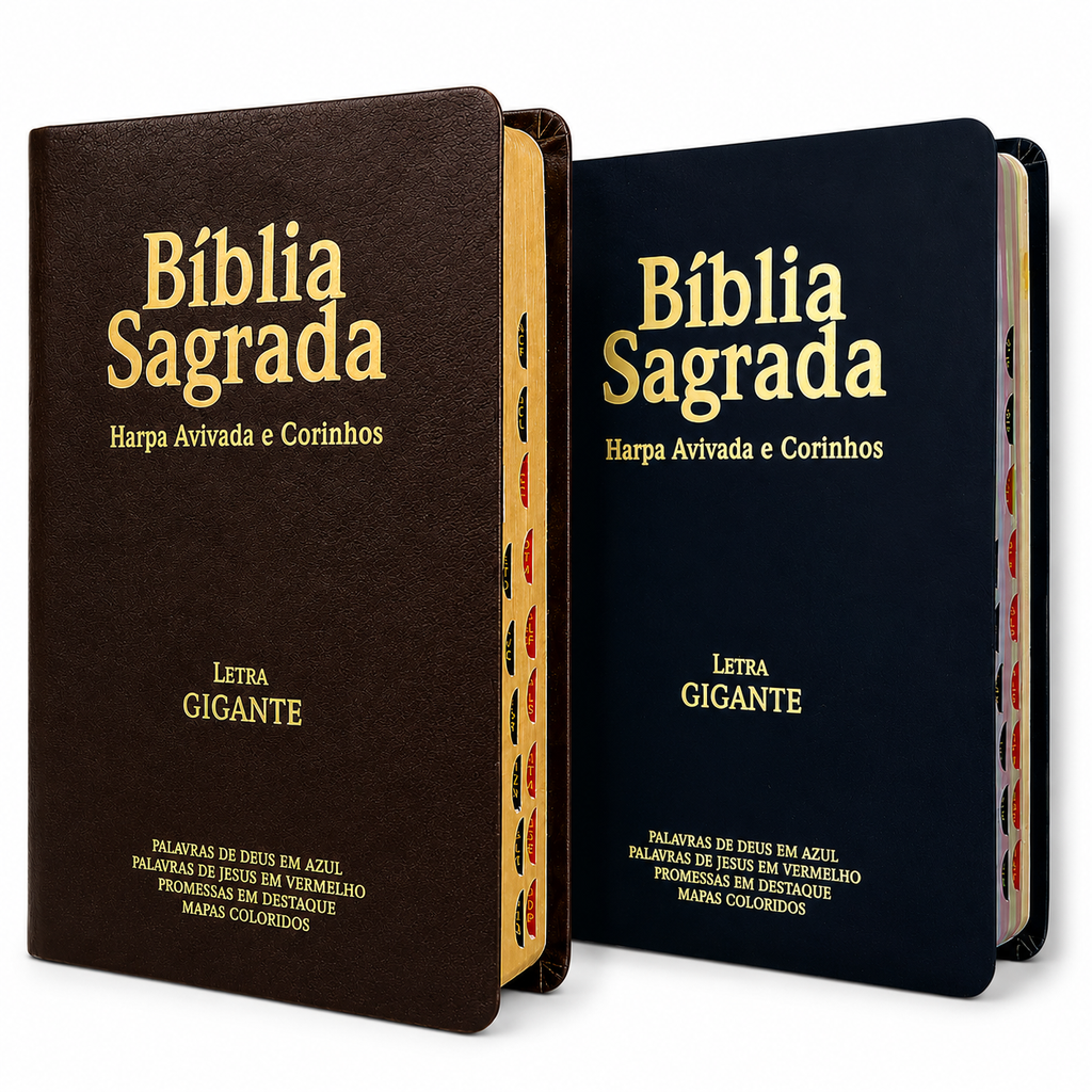 Kit 02 Bíblias Preta e Marrom Evangélicas Letra Gigante Capa Semiflexível ARC Com Harpa e Índice Fem & Masc