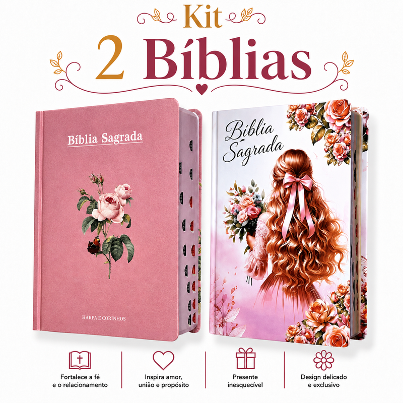 Kit 2 Bíblias Femininas Sagradas Capa Dura Letra Gigante e Hipergigante Harpa ARC Flor Rosa e Filha do Rei