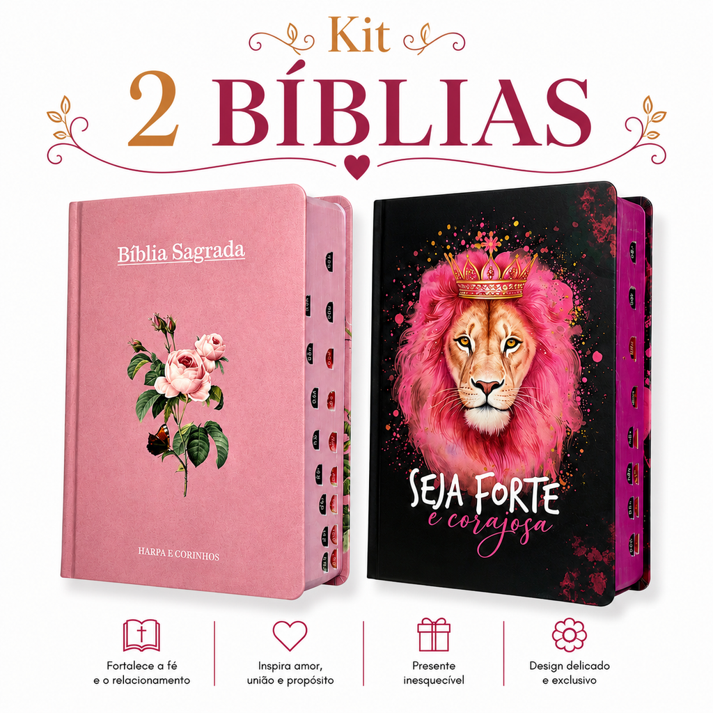 Kit 2 Bíblias Femininas Sagradas Capa Dura Letra Gigante e Hipergigante Harpa ARC Flor Rosa e Seja Forte Preta