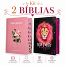 Kit 2 Bíblias Femininas Sagradas Capa Dura Letra Gigante e Hipergigante Harpa ARC Flor Rosa e Seja Forte Preta