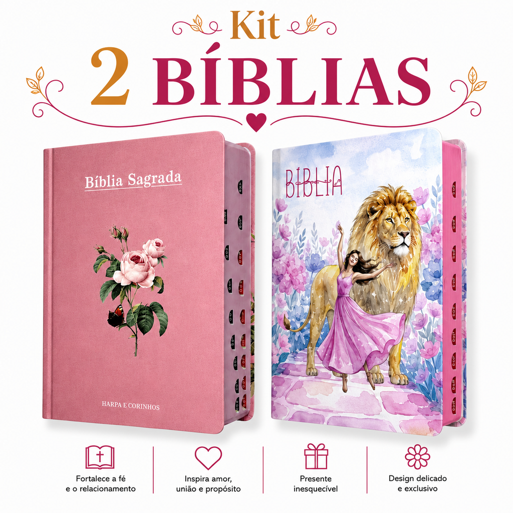 Kit 2 Bíblias Feminina Sagrada Capa Dura Letra Gigante e Hipergigante Harpa ARC Flor Rosa e Lion Dance