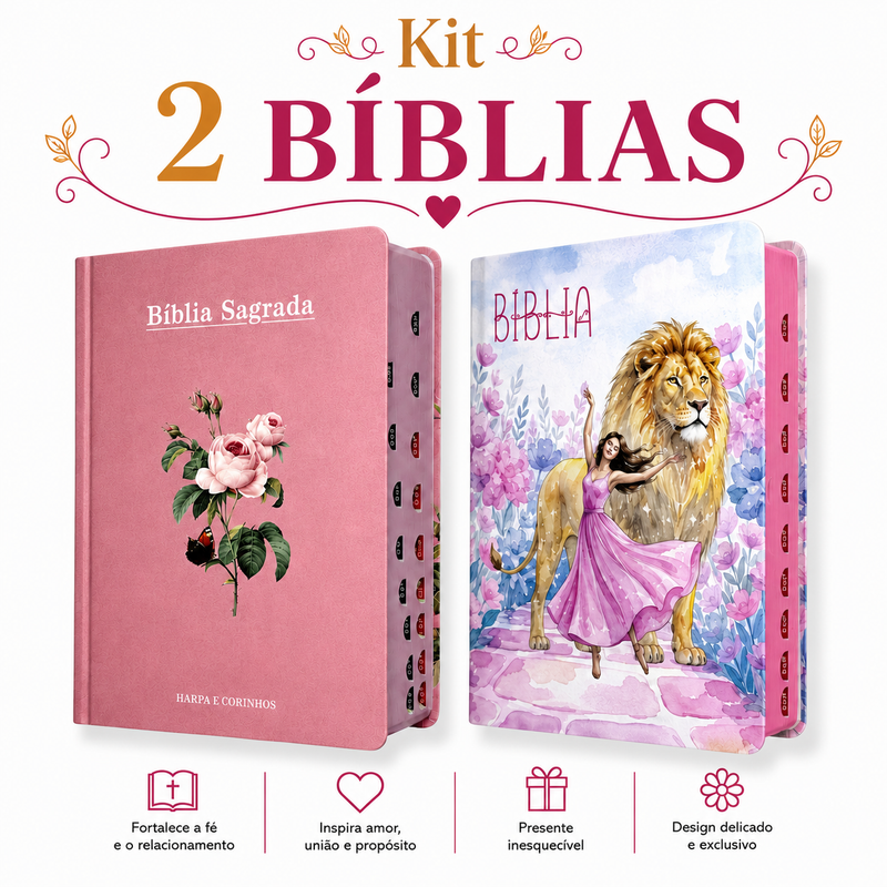 Kit 2 Bíblias Feminina Sagrada Capa Dura Letra Gigante e Hipergigante Harpa ARC Flor Rosa e Lion Dance