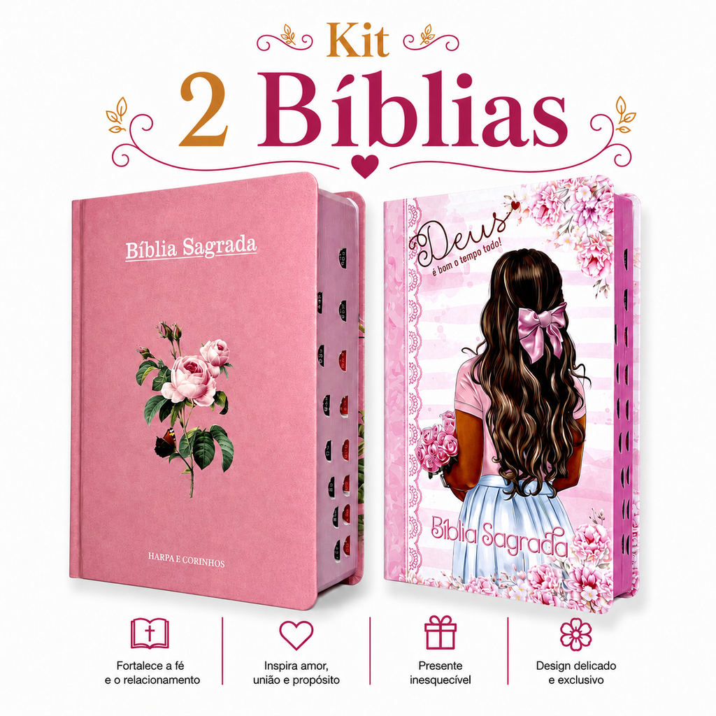 Kit 2 Bíblias Feminina Sagrada Letra Gigante Semi Flexível e Hipergigante Capa Dura Harpa ARC Flor Rosa e Deus é Bom