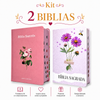 Kit 2 Bíblias Feminina Sagrada Letra Gigante Semi Flexível e Hipergigante Capa Dura Harpa ARC Flor Rosa e Números 6.29