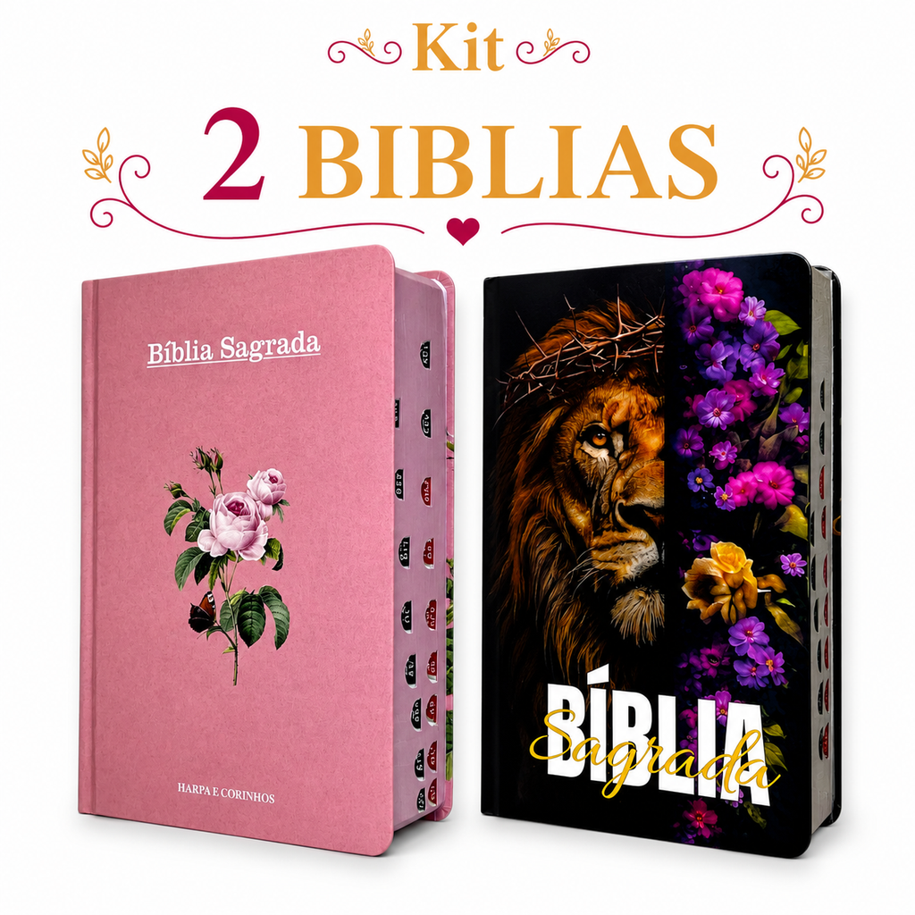Kit 2 Bíblias Feminina Sagrada Letra Gigante Semi Flexível e Hipergigante Capa Dura Harpa ARC Flor Rosa e Salmos 91