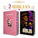 Kit 2 Bíblias Feminina Sagrada Letra Gigante Semi Flexível e Hipergigante Capa Dura Harpa ARC Flor Rosa e Salmos 91