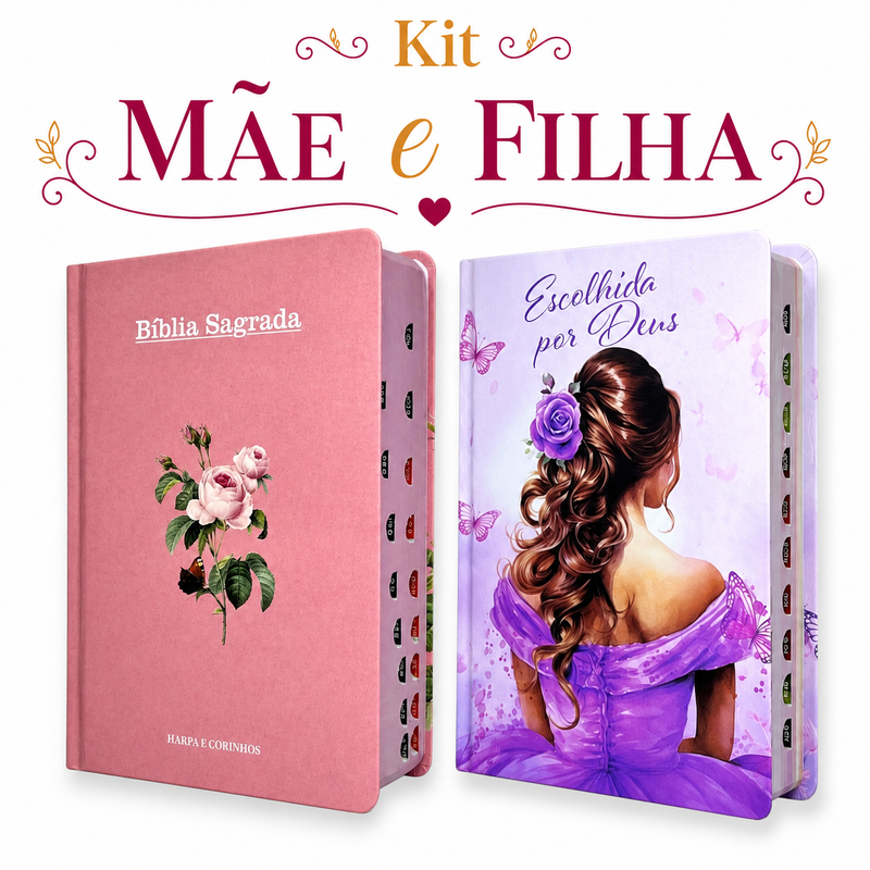 Kit 2 Bíblias Femininas Sagradas Capa Dura Letra Gigante e Hipergigante Harpa ARC Flor Rosa e Escolhida