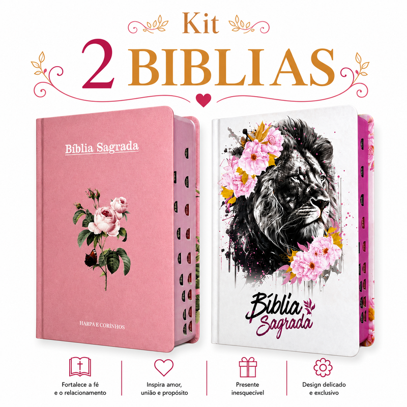 Kit 2 Bíblias Femininas Sagradas Capa Dura Letra Gigante e Hipergigante Harpa ARC Flor Rosa e Leão Rosa
