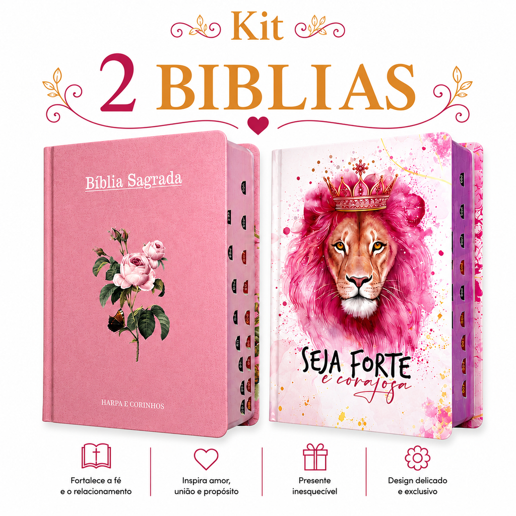 Kit 2 Bíblias Femininas Sagradas Capa Dura Letra Gigante e Hipergigante Harpa ARC Flor Rosa e Seja Forte Rosa
