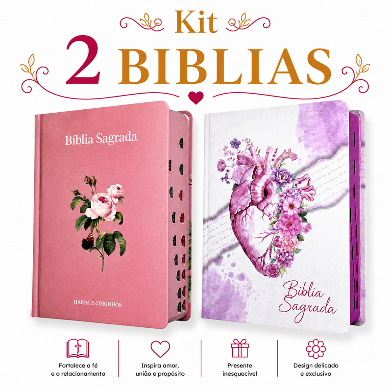 Kit 2 Bíblias Feminina Sagrada Capa Dura Letra Gigante e Hipergigante Harpa ARC Flor Rosa e Coração