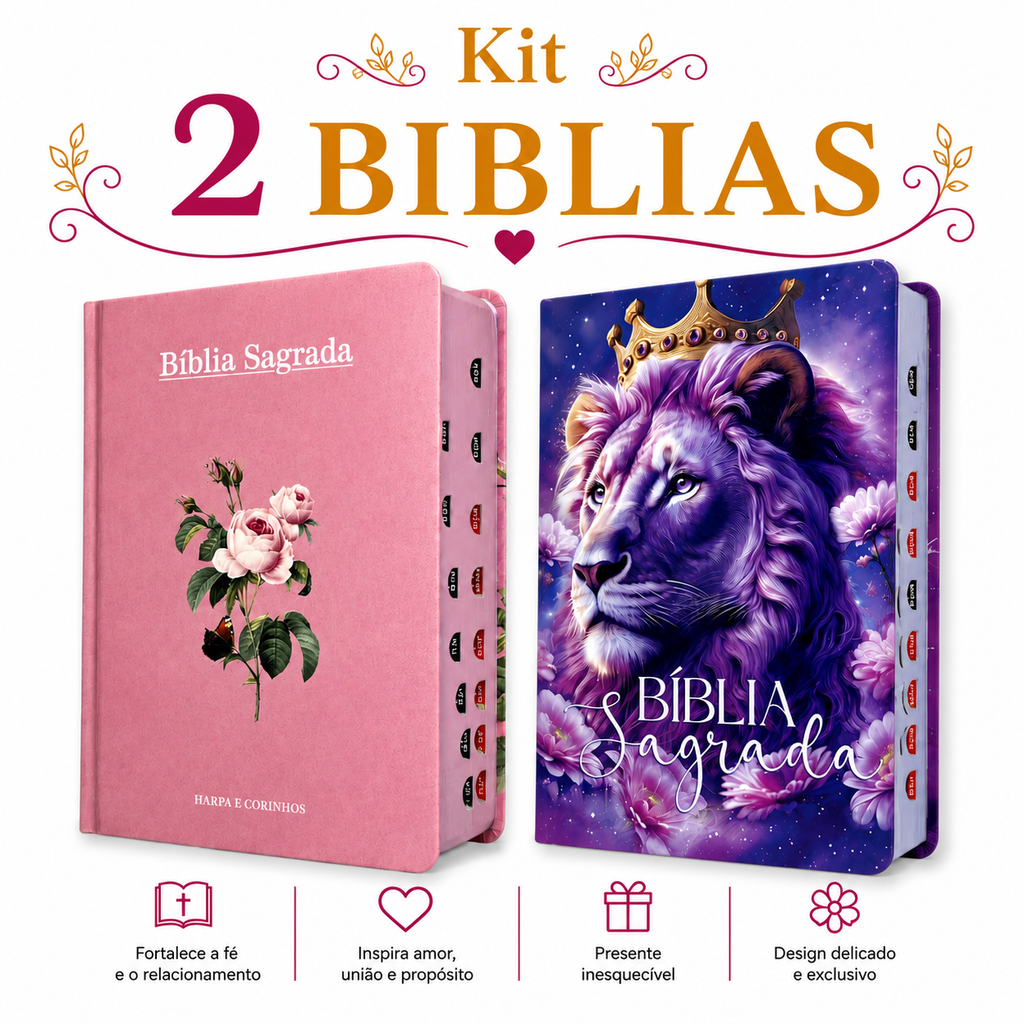 Kit 2 Bíblias Feminina Sagrada Letra Gigante Semi Flexível e Hipergigante Capa Dura Harpa ARC Flor Rosa e Leão Eterno