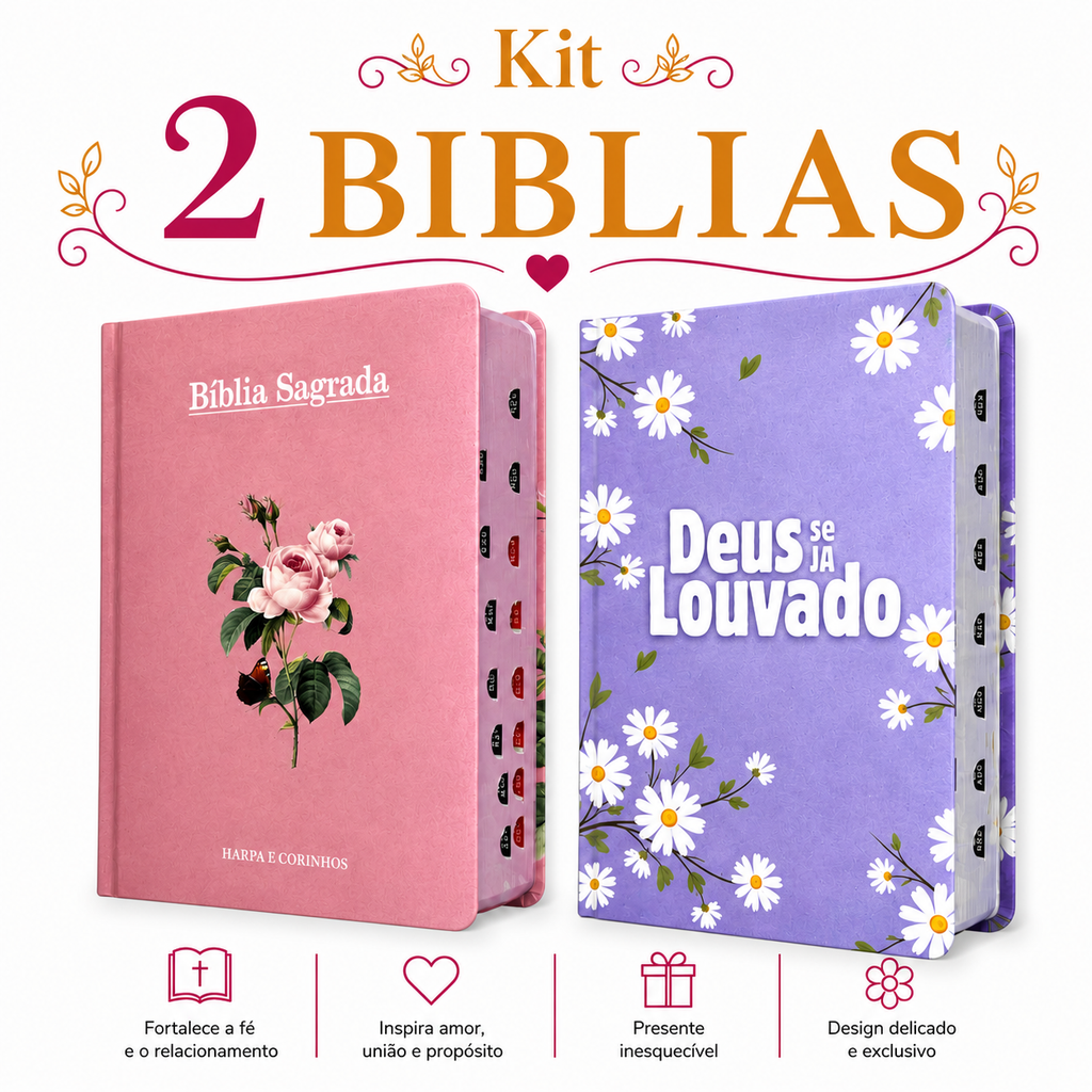 Kit 2 Bíblias Feminina Sagrada Letra Gigante Semi Flexível e Hipergigante Capa Dura Harpa ARC Flor Rosa e Deus seja louvado