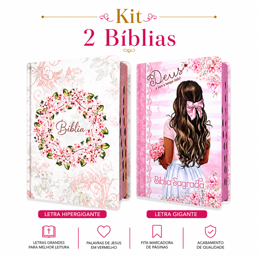 Kit 2 Bíblias Feminina Sagrada Letra Gigante Semi Flexível e Hipergigante Capa Dura Harpa ARC Flor Rosa e João 1.4
