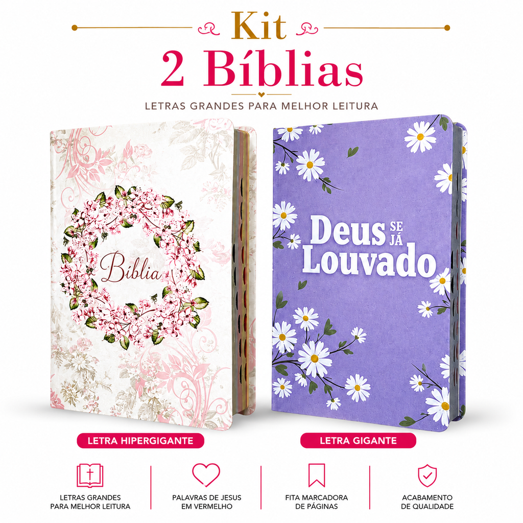 Kit 2 Bíblias Feminina Sagrada Letra Gigante Semi Flexível e Hipergigante Capa Dura Harpa ARC Circulo Floral e Deus seja Louvado