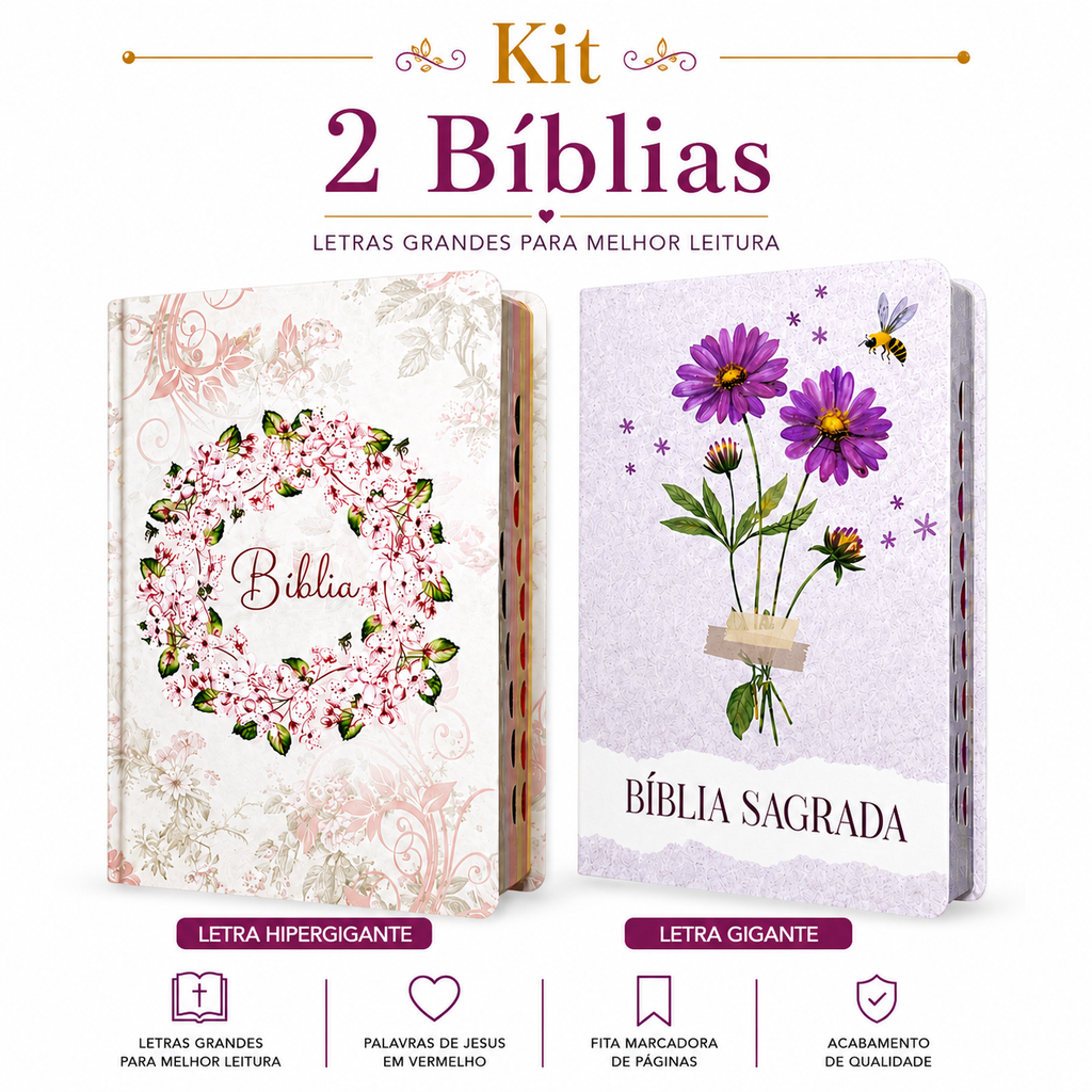 Kit 2 Bíblias Feminina Sagrada Letra Gigante Semi Flexível e Hipergigante Capa Dura Harpa ARC Circulo Floral e Números 6.25