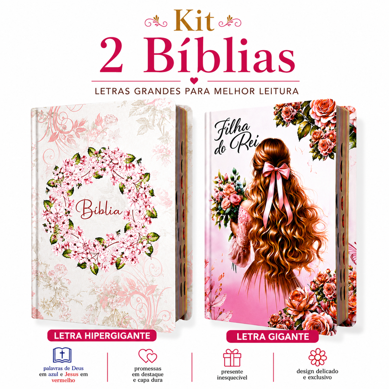 Kit 2 Bíblias Femininas Sagradas Capa Dura Letra Gigante e Hipergigante Harpa ARC Circulo Floral e Filha do Rei