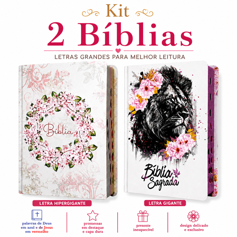 Kit 2 Bíblias Femininas Sagradas Capa Dura Letra Gigante e Hipergigante Harpa ARC Circulo Floral e Leão Rosa