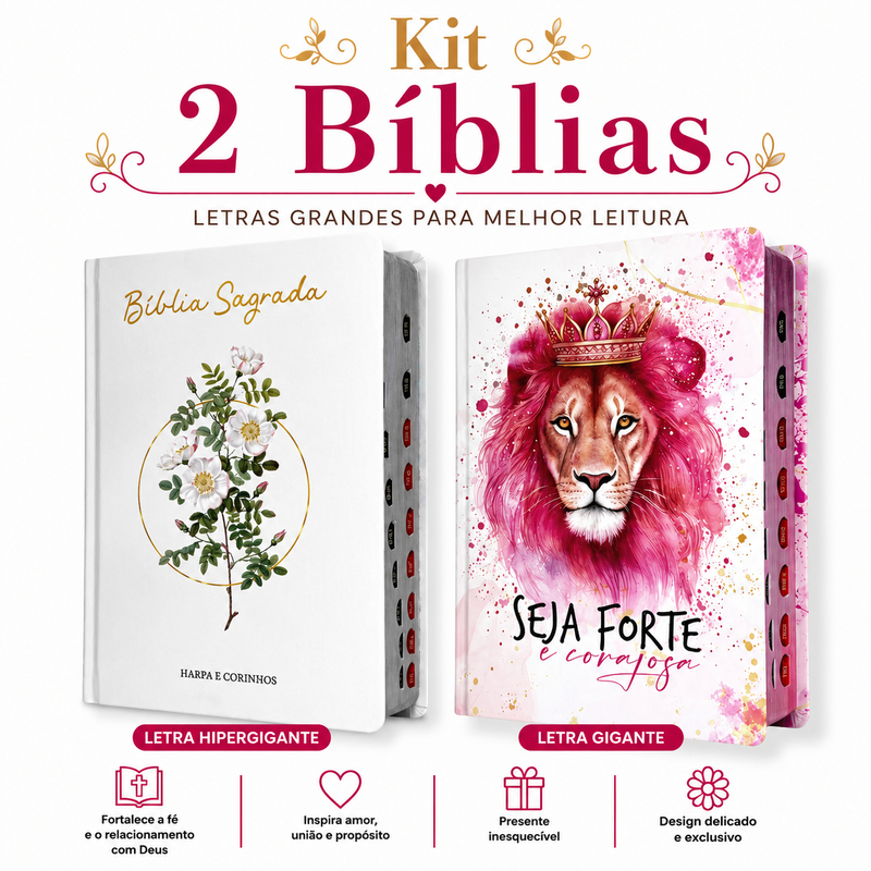 Kit 2 Bíblias Feminina Sagrada Capa Dura Letra Gigante e Hipergigante Harpa ARC Floral e Seja Forte