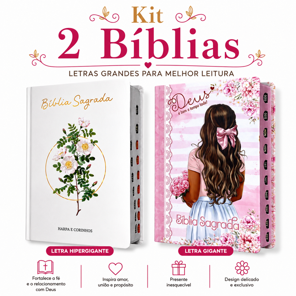 Kit 2 Bíblias Feminina Sagrada Letra Gigante Semi Flexível e Hipergigante Capa Dura Harpa ARC Floral e Deus é Bom