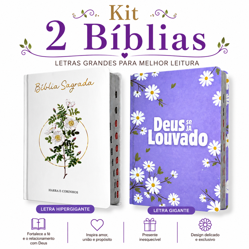 Kit 2 Bíblias Feminina Sagrada Letra Gigante Semi Flexível e Hipergigante Capa Dura Harpa ARC Floral e Deus seja louvado