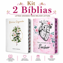 Kit 2 Bíblias Feminina Sagrada Letra Gigante Semi Flexível e Hipergigante Capa Dura Harpa ARC Floral e João 1-4