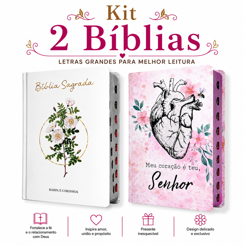 Kit 2 Bíblias Feminina Sagrada Letra Gigante Semi Flexível e Hipergigante Capa Dura Harpa ARC Floral e João 1-4