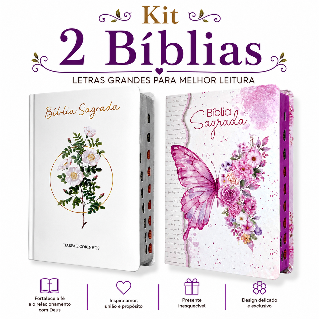Kit 2 Bíblias Feminina Sagrada Capa Dura Letra Gigante e Hipergigante Harpa ARC Floral e Borboleta
