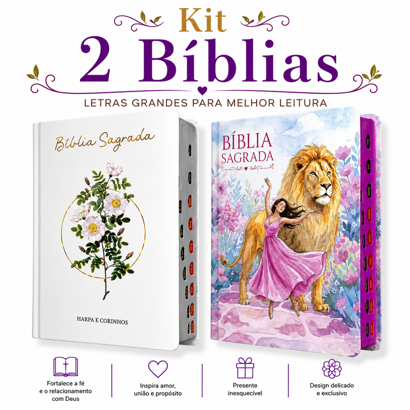 Kit 2 Bíblias Feminina Sagrada Capa Dura Letra Gigante e Hipergigante Harpa ARC Floral e Lion Dance