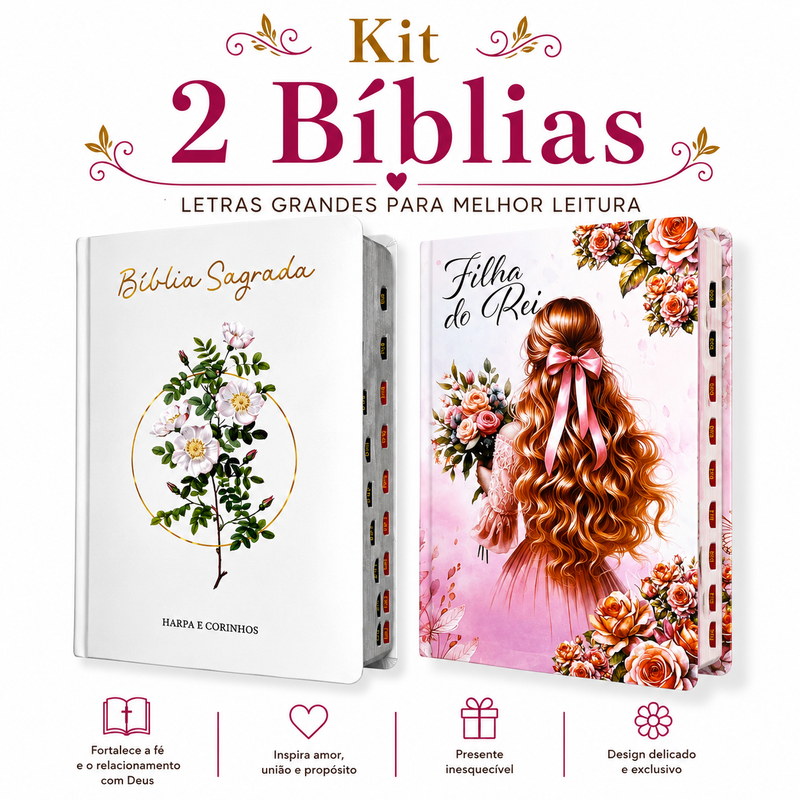 Kit 2 Bíblias Femininas Sagradas Capa Dura Letra Gigante e Hipergigante Harpa ARC Floral e Filha